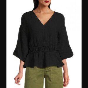 Joe's Jeans Smocked Flounce V-Neck Top 100% Cotton Gauzy Blouse Black $198.00